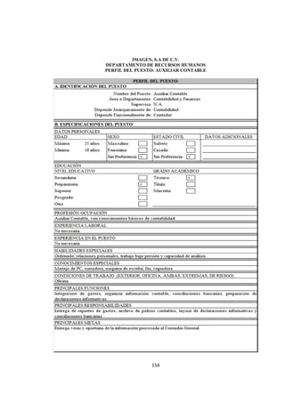  
                                            




              IMAGEN, S.A DE C.V.
    DEPARTAMENTO DE RECURSOS HUMANOS
    PERFIL DEL PUESTO: AUXILIAR CONTABLE




                    154 

 
 