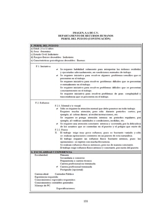 
                                          




              IMAGEN, S.A DE C.V.
    DEPARTAMENTO DE RECURSOS HUMANOS
      PERFIL DEL PUESTO (CONTINUACIÓN)




                   155 

 
 