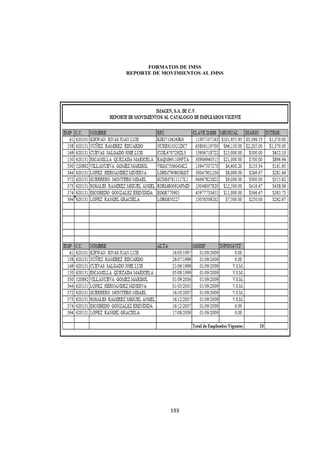  
                                      




          FORMATOS DE IMSS
    REPORTE DE MOVIMIENTOS AL IMSS




                 193 

 
 