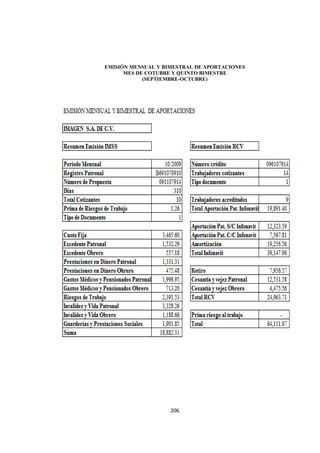  
                                                   




    EMISIÓN MENSUAL Y BIMESTRAL DE APORTACIONES
          MES DE COTUBRE Y QUINTO BIMESTRE
                (SEPTIEMBRE-OCTUBRE)




                        206 

 
 
