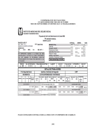  
                                                                  




                        COMPROBANTE DE PAGO IMSS
                     CUARTO BIMESTRE MES DE OCTUBRE
             MES DE SEPTIEMBRE EN DONDE HAY 14 TRABAJADORES




PAGO COTEJADO CONTRA CEDULA IMSS CON UN IMPORTE DE $ 18,882.31




                                    209 

 
 