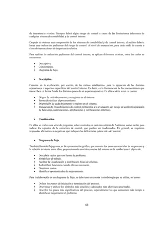  
                                                                                                                




de importancia relativa. Siempre habrá algún riesgo de control a causa de las limitaciones inherentes de
cualquier sistema de contabilidad y de control interno.

Después de obtener una comprensión de los sistemas de contabilidad y de control interno, el auditor debería
hacer una evaluación preliminar del riesgo de control al nivel de aseveración, para cada saldo de cuenta o
clase de transacciones de importancia relativa.

Para realizar la evaluación preliminar del control interno, se aplican diferentes técnicas, entre las cuales se
encuentran:

    •   Descriptiva.
    •   Cuestionarios.
    •   Diagrama de flujo.


    •   Descriptiva.

Consiste en la explicación, por escrito, de las rutinas establecidas, para la ejecución de las distintas
operaciones o aspectos específicos del control interno. Es decir, es la formulación de los memorándum que
transcriben en forma fluida, los distintos pasos de un aspecto operativo. En ella se debe tener en cuenta:

    •    Origen de cada documento y su registro en el sistema.
    •    Forma de realizar el procesamiento.
    •    Disposición de cada documento y registro en el sistema.
    •    Indicación de procedimientos de control pertinentes a la evaluación del riesgo de control (separación
         de funciones, autorizaciones, aprobaciones y verificaciones internas).


    •   Cuestionarios.

En ellos se realiza una serie de preguntas, sobre controles en cada área objeto de Auditoria, como medio para
indicar los aspectos de la estructura de control, que puedan ser inadecuados. En general, se requieren
respuestas afirmativas o negativas, que indiquen las deficiencias potenciales del control.


    •   Diagrama de flujo.

También llamado flujograma, es la representación gráfica, que muestra los pasos secuenciales de un proceso y
la relación existente entre ellos, proporcionando una idea concisa del sistema de la entidad con el objeto de:

    •   Descubrir vacíos que son fuente de problema.
    •   Simplificar el trabajo.
    •   Facilitar la visualización y distribución física de oficinas.
    •   Redistribuir funciones cuando ello sea necesario.
    •   Disminuir costos.
    •   Identificar oportunidades de mejoramiento.

Para la elaboración de un diagrama de flujo, se debe tener en cuenta la simbología que se utiliza, así como:

    •   Definir los puntos de iniciación y terminación del proceso.
    •   Determinar y utilizar los símbolos más sencillos y adecuados para el proceso en estudio.
    •   Describir los pasos más significativos del proceso, especialmente los que consumen más tiempo o
        identifican mayormente el problema.



                                                       63 

 
 
