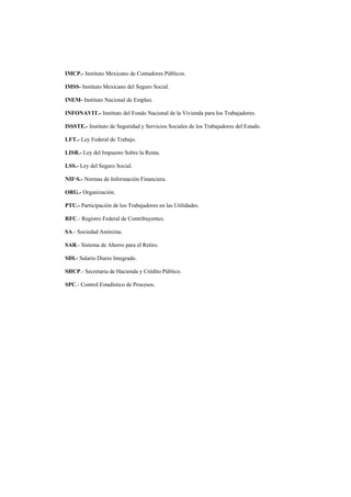  
                                                                                        




IMCP.- Instituto Mexicano de Contadores Públicos.

IMSS- Instituto Mexicano del Seguro Social.

INEM- Instituto Nacional de Empleo.

INFONAVIT.- Instituto del Fondo Nacional de la Vivienda para los Trabajadores.

ISSSTE.- Instituto de Seguridad y Servicios Sociales de los Trabajadores del Estado.

LFT.- Ley Federal de Trabajo.

LISR.- Ley del Impuesto Sobre la Renta.

LSS.- Ley del Seguro Social.

NIF·S.- Normas de Información Financiera.

ORG.- Organización.

PTU.- Participación de los Trabajadores en las Utilidades.

RFC.- Registro Federal de Contribuyentes.

SA.- Sociedad Anónima.

SAR.- Sistema de Ahorro para el Retiro.

SDI.- Salario Diario Integrado.

SHCP.- Secretaria de Hacienda y Crédito Público.

SPC.- Control Estadístico de Procesos.




                                                      7 

 
 