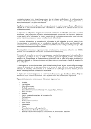  
                                                                                                               




contratación, temporal o por tiempo indeterminado, tipo de trabajador sindicalizado o de confianza, tipo de
contrato, individual o colectivo, horarios de trabajo, días de descanso, días y formas de pago, prestaciones y
demás remuneraciones a las que se hará acreedor.

Expediente; conjunto de todos los papeles correspondientes a un asunto o negocio. Se usa señaladamente
hablando de la serie ordenada de actuaciones administrativas, y también de las judiciales en los actos de
jurisdicción voluntaria.

El expediente del trabajador se integrará una vez hecha la contratación del trabajador, como medio de control
del personal. Estos se integraran en archivos distintos para personal sindicalizado y de confianza. A fin de no
olvidar detalles de la "contratación" se contará con una lista de verificación de todos ellos, con el objeto de
tener el expediente completo que sea una verdadera historia del empleado.

El expediente del trabajador se integrará con la información de cada trabajador, la correcta integración de
éste, muestra que su contratación tuvo un procedimiento adecuado y se debe verificar que el trabajador sea
acorde a las necesidades de cada puesto, conforme a lo establecido en el catálogo de trabajadores que debe
obrar en los manuales y procedimientos del área.

Parte integral del expediente que requiere un control específico son los movimientos afiliatorios ante el IMSS
(Instituto Mexicano del Seguro Social) estos se deben realizar conforme a ley.

El inventario de personal es un recurso importante para una organización, ya que muestra información relativa
a las personas que trabajan en ella y en donde se especifican, para cada empleado, distintas características:
demográficas, sus habilidades, las competencias que tiene certificadas, el grado en que posee las mismas, el
rendimiento alcanzado en el desempeño de sus actividades, intereses, experiencia y el grado de actualización
de los trabajadores.

La importancia del inventario de personal es que brinda información que permite identificar las necesidades
presentes de personal, con lo que se convierte en un recurso de suma valía en el proceso de planeación
estratégica de personal y particularmente, en la formulación de la estrategia de recursos humanos, lo cual
permite redefinir y enmendar el rumbo de la organización.

El objetivo del inventario de personal es conformar una base de datos que describa con detalle el tipo de
personal con el que cuenta la organización, con el propósito, entre otros, de acrecentar su potencial.

Algunos de los elementos más comunes en el inventario de personal son:

    •   Nombre.
    •   Nacionalidad.
    •   Clave del empleado.
    •   Fecha de nacimiento.
    •   Datos familiares como: nombre de padres, coyuge e hijos, hermanos.
    •   Nivel educativo.
    •   Idiomas.
    •   Cursos tomados dentro y fuera de la organización.
    •   Publicaciones.
    •   Licencias.
    •   Evaluación del supervisor.
    •   Nivel salarial.
    •   Pasatiempos.
    •   Puesto.
    •   Área adscrita dentro de la organización.
    •   Reconocimientos dentro de la organización.
    •   Participación en cuerpos colegiados o asociaciones de profesionistas, entre otros.


                                                      76 

 
 