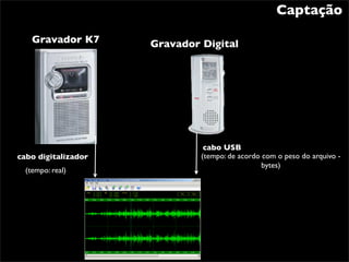 Captação

    Gravador K7      Gravador Digital




                               cabo USB
cabo digitalizador            (tempo: de acordo com o peso do arquivo -
                                                bytes)
  (tempo: real)
 