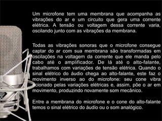 Um microfone tem uma membrana que acompanha as
vibrações do ar e um circuito que gera uma corrente
elétrica. A tensão ou voltagem dessa corrente varia,
oscilando junto com as vibrações da membrana.


Todas as vibrações sonoras que o microfone consegue
captar do ar com sua membrana são transformadas em
oscilações na voltagem da corrente que ele manda pelo
cabo até o amplificador. De lá até o alto-falante,
trabalhamos com variações de tensão elétrica. Quando o
sinal elétrico do áudio chega ao alto-falante, este faz o
movimento inverso ao do microfone: seu cone vibra
acionado pelas variações elétricas e, assim, põe o ar em
movimento, produzindo novamente som mecânico.

Entre a membrana do microfone e o cone do alto-falante
temos o sinal elétrico do áudio ou o som analógico.
 