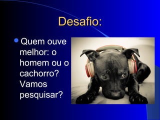 Desafio:
Quem ouve
melhor: o
homem ou o
cachorro?
Vamos
pesquisar?
 
