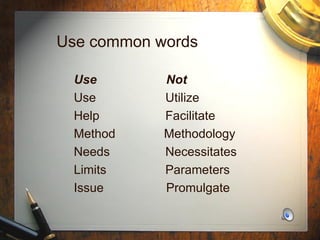 Use common words Use  Not Use  Utilize Help  Facilitate Method  Methodology Needs  Necessitates Limits  Parameters Issue  Promulgate 