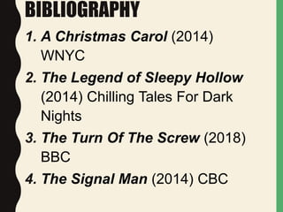 BIBLIOGRAPHY
1. A Christmas Carol (2014)
WNYC
2. The Legend of Sleepy Hollow
(2014) Chilling Tales For Dark
Nights
3. The Turn Of The Screw (2018)
BBC
4. The Signal Man (2014) CBC
 