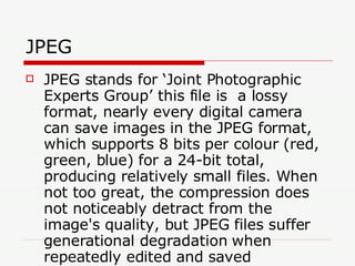 JPEG JPEG stands for ‘Joint Photographic Experts Group’ this file is  a lossy format, nearly every digital camera can save images in the JPEG format, which supports 8 bits per colour (red, green, blue) for a 24-bit total, producing relatively small files. When not too great, the compression does not noticeably detract from the image's quality, but JPEG files suffer generational degradation when repeatedly edited and saved  
