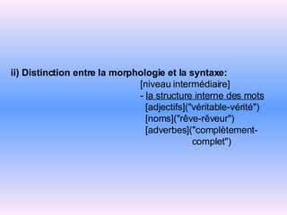 ii) Distinction entre la morphologie et la syntaxe:    [niveau intermédiaire]    -   la structure interne des mots   [adjectifs]("véritable-vérité")   [noms]("rêve-rêveur")   [adverbes]("complètement-   complet") 