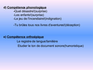 d)  Compétence phonologique   - Quel désastre!(surprise)   -Les enfants!(surprise)   -Le jeu de l'incendiaire!(indignation)   -Tu brûles tous nos livres d'aventures!(déception)   e)  Compétence orthoépique Le registre de langue:familière Etudier le ton de document sonore(humoristique) 