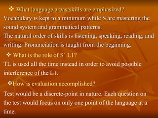 What language areas/skills are emphasized? Vocabulary is kept to a minimum while S are mastering the sound system and grammatical patterns. The natural order of skills is listening, speaking, reading, and writing. Pronunciation is taught from the beginning. What is the role of S` L1? TL is used all the time instead in order to avoid possible interference of the L1. How is evaluation accomplished? Test would be a discrete-point in nature. Each question on the test would focus on only one point of the language at a time. 