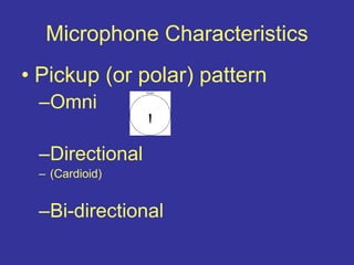 Microphone Characteristics
• Pickup (or polar) pattern
–Omni
–Directional
– (Cardioid)
–Bi-directional
 