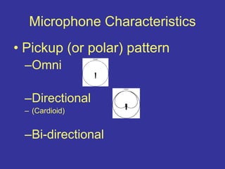 Microphone Characteristics
• Pickup (or polar) pattern
–Omni
–Directional
– (Cardioid)
–Bi-directional
 