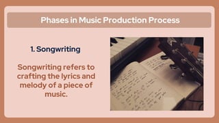 Phases in Music Production Process
1. Songwriting
Songwriting refers to
crafting the lyrics and
melody of a piece of
music.
 
