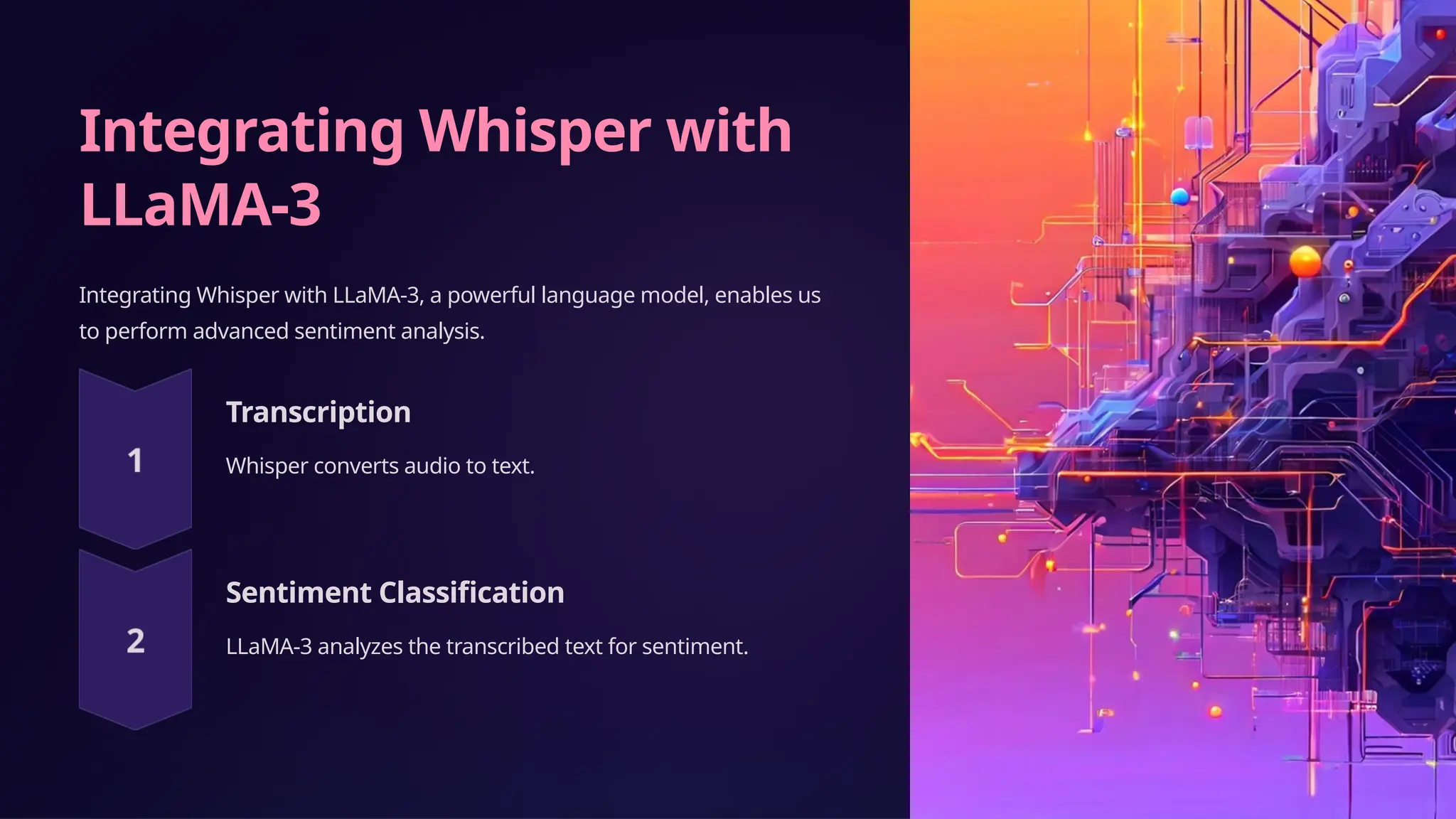 Integrating Whisper with
LLaMA-3
Integrating Whisper with LLaMA-3, a powerful language model, enables us
to perform advanced sentiment analysis.
Transcription
Whisper converts audio to text.
Sentiment Classification
LLaMA-3 analyzes the transcribed text for sentiment.
 