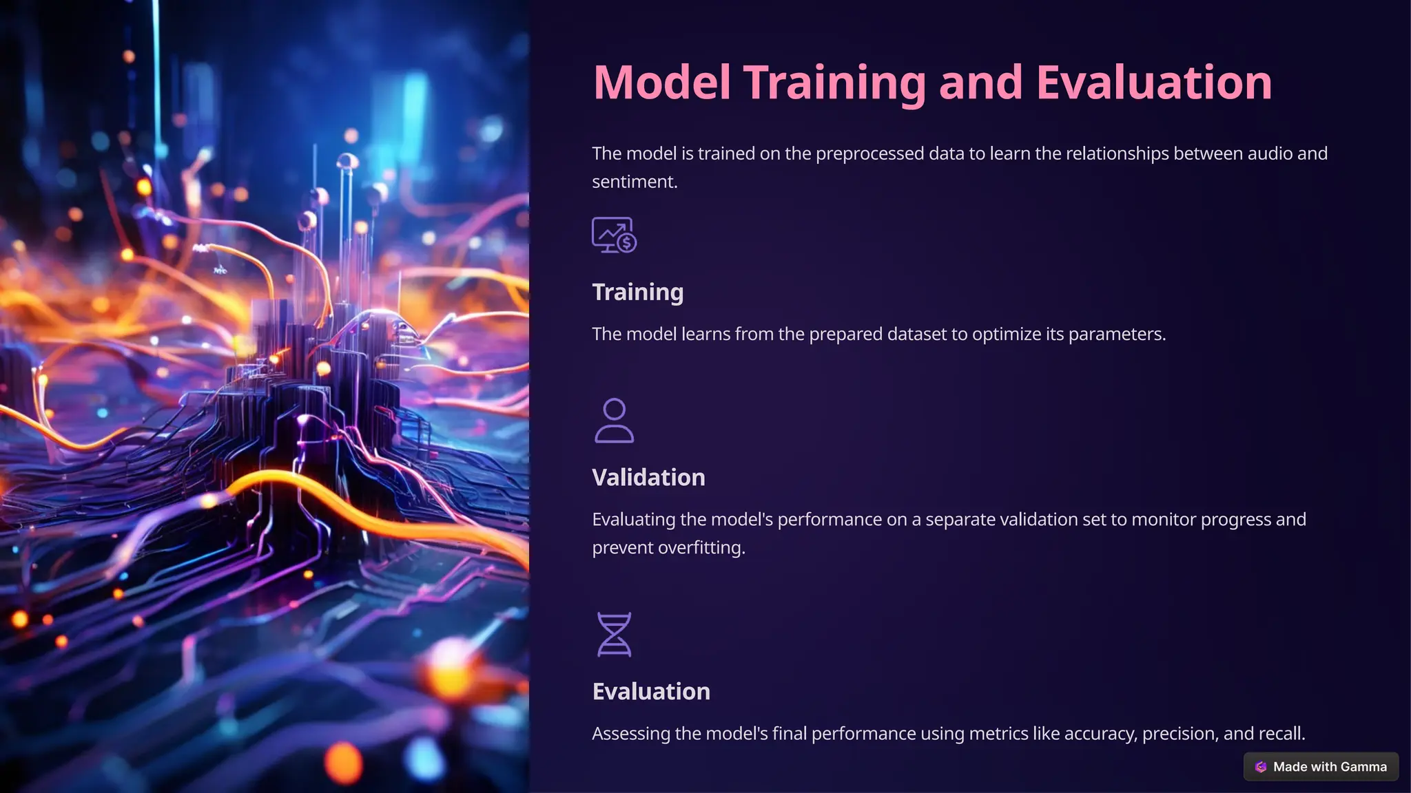 Model Training and Evaluation
The model is trained on the preprocessed data to learn the relationships between audio and
sentiment.
Training
The model learns from the prepared dataset to optimize its parameters.
Validation
Evaluating the model's performance on a separate validation set to monitor progress and
prevent overfitting.
Evaluation
Assessing the model's final performance using metrics like accuracy, precision, and recall.
 