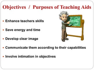 Objectives / Purposes of Teaching Aids
 Enhance teachers skills
 Save energy and time
 Develop clear image
 Communicate them according to their capabilities
 Involve intimation in objectives
 