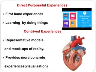 Direct Purposeful Experiences
 First hand experiences
 Learning by doing things
Contrived Experiences
 Representative models
and mock-ups of reality.
 Provides more concrete
experiences(visualization)
 