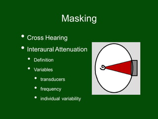 • Cross Hearing
• Interaural Attenuation
• Definition
• Variables
• transducers
• frequency
• individual variability
Masking
 