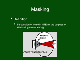 • Definition
• Introduction of noise in NTE for the purpose of
eliminating cross-hearing.
Masking
 