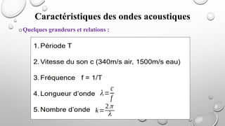 oQuelques grandeurs et relations :
Caractéristiques des ondes acoustiques
 