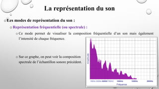 oLes modes de représentation du son :
o Représentation fréquentielle (ou spectrale) :
o Ce mode permet de visualiser la composition fréquentielle d’un son mais également
l’intensité de chaque fréquence.
o Sur ce graphe, on peut voir la composition
spectrale de l’échantillon sonore précédent.
La représentation du son
 