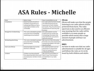 ASA Rules - Michelle
Ofcom:
Ofcom will make sure that the people
listening to our radio adverts will be
protected from harm. The radio
spectrum is also used in an efficient
way meaning that the radio will be
available to as many people as
possible which means that a large
amount of people will hear our
advertisement.
BBFC:
we have to make sure that our radio
advertisement is suitable for all ages
and follows the rules as it is to be
heard by both children and adults.
 