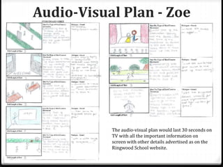 Audio-Visual Plan - Zoe
The audio-visual plan would last 30 seconds on
TV with all the important information on
screen with other details advertised as on the
Ringwood School website.
 