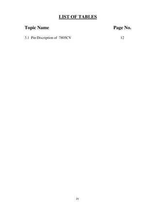 LIST OF TABLES
Topic Name Page No.
3.1 Pin Discription of 7805CV 12
iv
 