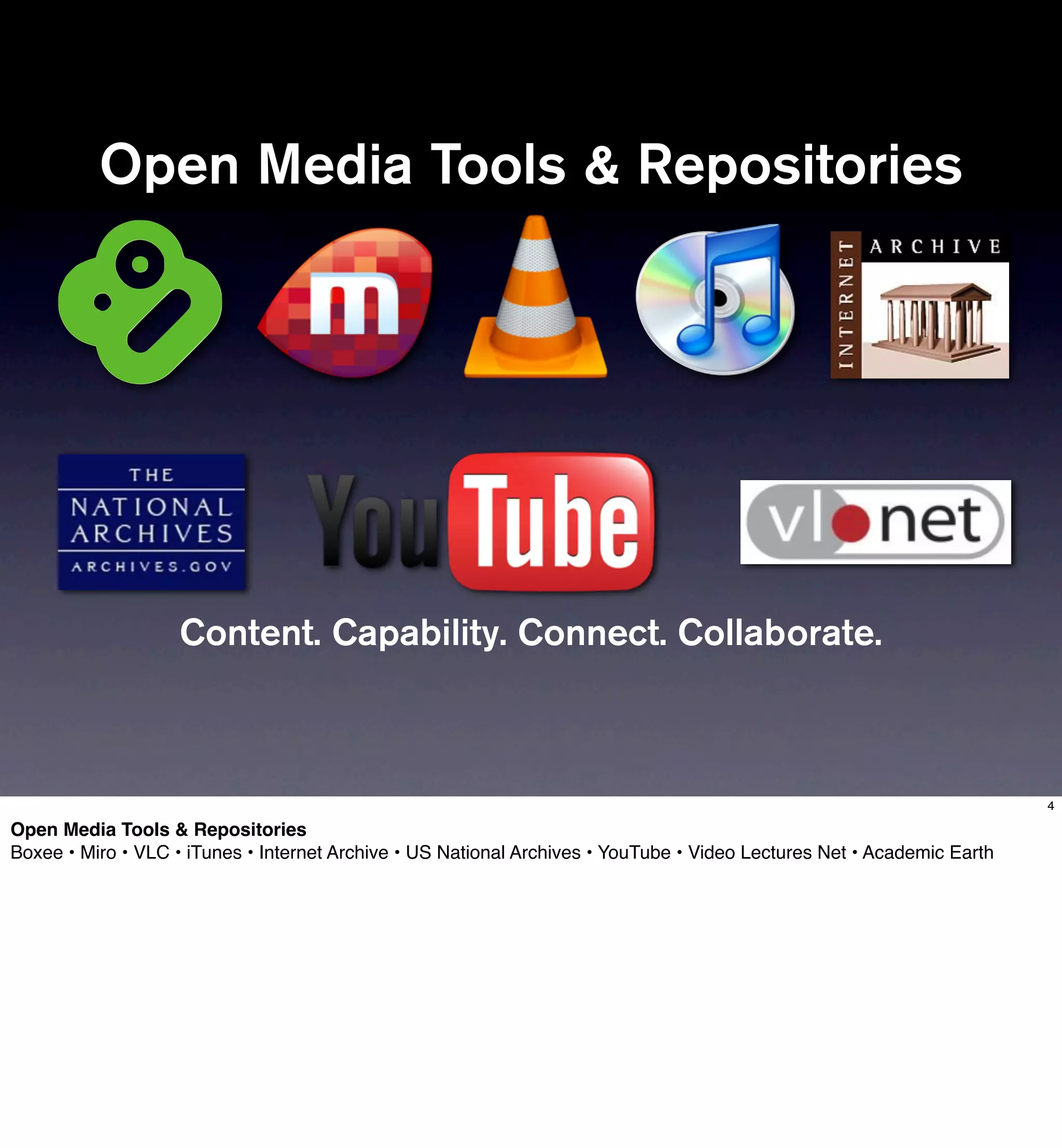 Open Media Tools & Repositories




                    Content. Capability. Connect. Collaborate.



                                                                                                                        4

Open Media Tools & Repositories
Boxee • Miro • VLC • iTunes • Internet Archive • US National Archives • YouTube • Video Lectures Net • Academic Earth
 