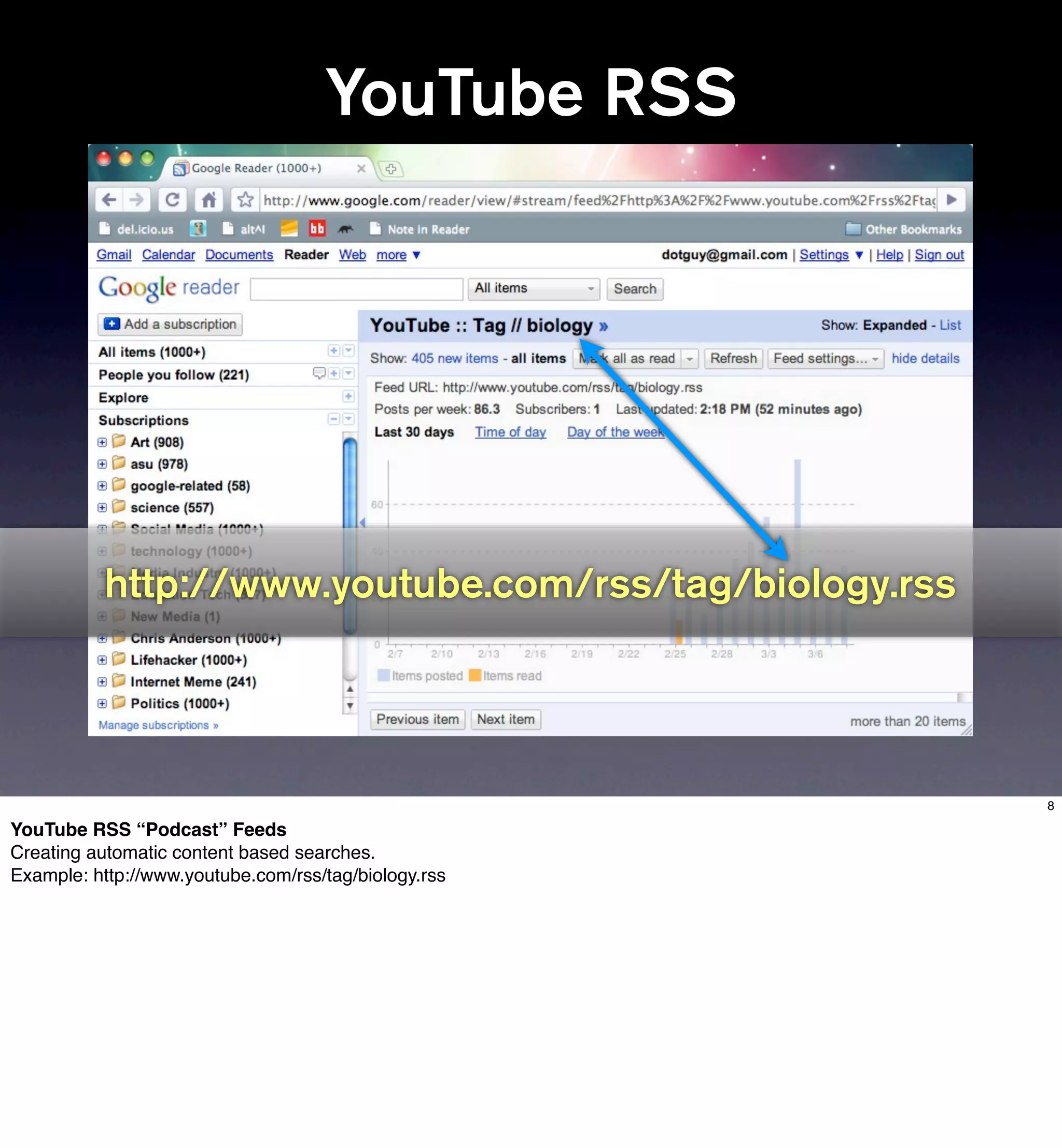 YouTube RSS




           http://www.youtube.com/rss/tag/biology.rss




                                                        8

YouTube RSS “Podcast” Feeds
Creating automatic content based searches.
Example: http://www.youtube.com/rss/tag/biology.rss
 