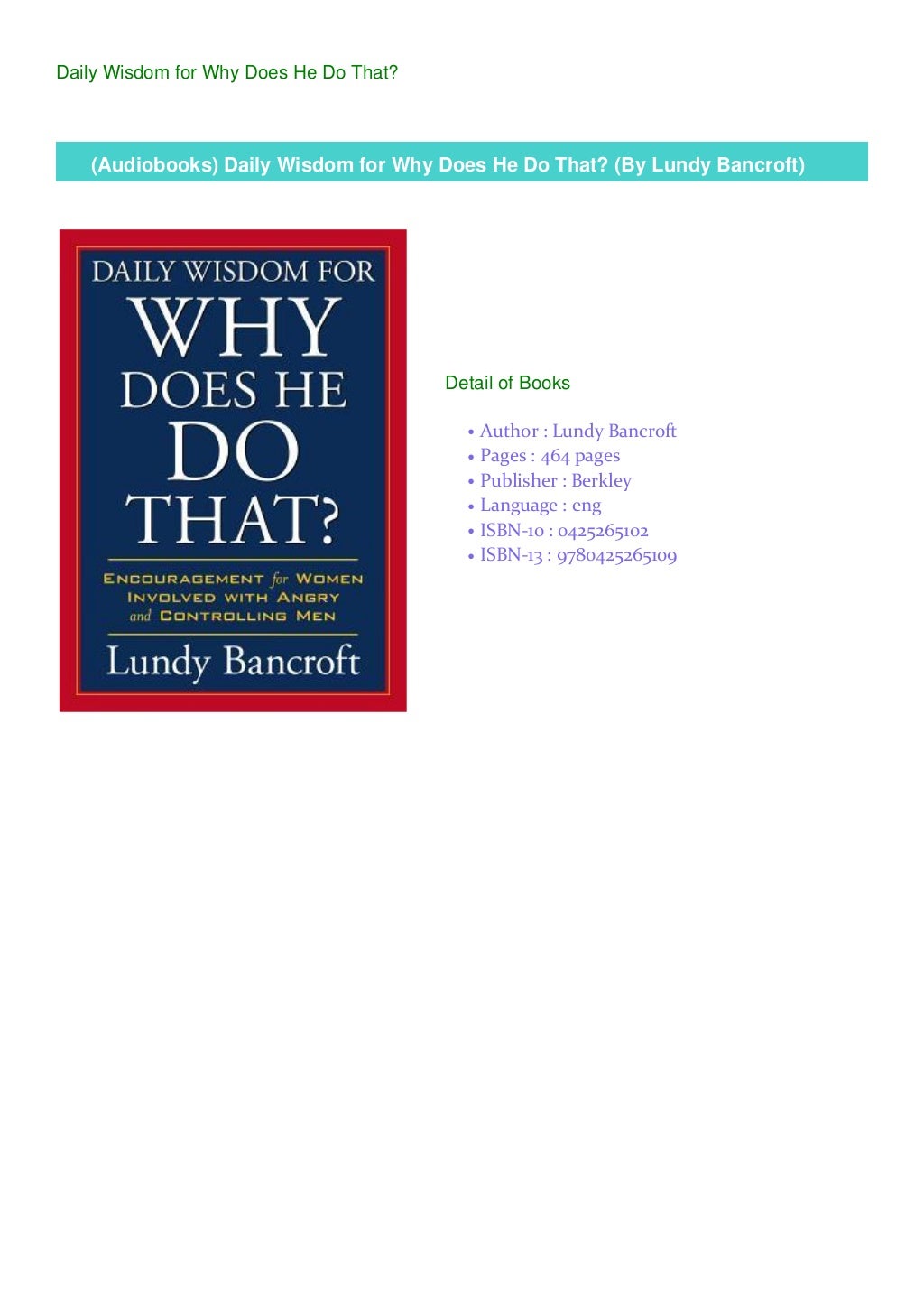 (Audiobooks) Daily Wisdom for Why Does He Do That? (By Lundy Bancroft)