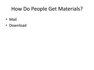 How Do People Get Materials?
• Mail
• Download
 