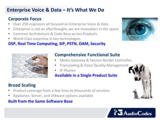 Enterprise Voice & Data – It’s What We Do 
Corporate Focus 
• Over 250 engineers all focused on Enterprise Voice & Data 
• Enterprise is not an afterthought, we are innovators in the space 
• Common Architecture & Code Base across Products 
• World Class expertise in key technologies 
DSP, Real Time Computing, SIP, PSTN, OAM, Security 
Comprehensive Functional Suite 
• Media Gateway & Session Border Controller, 
• Transcoding & Voice Quality Management 
• IP Phones 
Available in a Single Product Suite 
Broad Scaling 
• Product coverage from a few lines to thousands of sessions 
• Appliance, Server, and VMware options available 
Built from the Same Software Base 
 