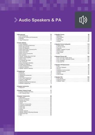 Audio Speakers & PA
„„ Microphones 70
„„ JTS Professional����������������������������������������������������������������������� 74
„„ Microphone Cables and Accessories���������������������������������������� 70
„„ Wireless������������������������������������������������������������������������������������ 78
„„ Yoga Professional��������������������������������������������������������������������� 72
„„ Public Address 27
„„ Active Speakers������������������������������������������������������������������������ 31
„„ Bosch Commercial Electronics������������������������������������������������� 42
„„ Bosch Microphones������������������������������������������������������������������� 55
„„ Bosch PA Speakers������������������������������������������������������������������� 58
„„ Bosch Plena Easy Commercial PA�������������������������������������������� 50
„„ Bosch Plena Matrix������������������������������������������������������������������� 56
„„ Bosch Plena PA������������������������������������������������������������������������� 52
„„ Bosch Source Accessories�������������������������������������������������������� 54
„„ Box Speakers���������������������������������������������������������������������������� 27
„„ Ceiling / Surface Mount PA 100V���������������������������������������������� 28
„„ Dayton Audio Amplifiers������������������������������������������������������������ 38
„„ Electro-Voice����������������������������������������������������������������������������� 66
„„ EV Wireless Mic R300�������������������������������������������������������������� 69
„„ HiFi Equipment�������������������������������������������������������������������������� 45
„„ Mixers and Signal Modifiers������������������������������������������������������ 48
„„ Portable PA Systems����������������������������������������������������������������� 34
„„ Public Address Amplifiers���������������������������������������������������������� 47
„„ Speakers Desktop��������������������������������������������������������������������� 30
„„ Speaker Selector Switches������������������������������������������������������� 29
„„ Headphones 2
„„ Bluetooth������������������������������������������������������������������������������������� 8
„„ Earphones����������������������������������������������������������������������������������� 6
„„ Headphone Accessories������������������������������������������������������������11
„„ Headsets������������������������������������������������������������������������������������� 9
„„ Over Head Headphones������������������������������������������������������������� 5
„„ Premium Headphones���������������������������������������������������������������� 3
„„ Safety Earmuffs������������������������������������������������������������������������� 10
„„ Speakers BookShelf  Extension��������������������������������������������� 12
„„ Wireless Headphones����������������������������������������������������������������� 2
„„ Speaker Automotive 90
„„ Nakamichi��������������������������������������������������������������������������������� 90
„„ Speaker Ceiling  Inwall 17
„„ Accento Dynamica [8 Ohm]������������������������������������������������������ 19
„„ HiFi 2-Way [8 Ohm]������������������������������������������������������������������� 17
„„ Speaker Components 80
„„ Attenuators�������������������������������������������������������������������������������� 83
„„ Boxes  Enclosures������������������������������������������������������������������ 89
„„ Buzzers and Sirens������������������������������������������������������������������� 88
„„ Cabinet Ports���������������������������������������������������������������������������� 84
„„ Carpet��������������������������������������������������������������������������������������� 84
„„ Crossover Components������������������������������������������������������������ 86
„„ Crossovers Assembled������������������������������������������������������������� 85
„„ Grille Clips��������������������������������������������������������������������������������� 84
„„ Grille Cloth�������������������������������������������������������������������������������� 84
„„ Screws�������������������������������������������������������������������������������������� 83
„„ Speaker Spacers����������������������������������������������������������������������� 89
„„ Speaker Stands  Mounting Brackets�������������������������������������� 80
„„ Spikes and Feet������������������������������������������������������������������������ 82
„„ Tape������������������������������������������������������������������������������������������ 84
„„ Speaker Drivers 96
„„ Midrange����������������������������������������������������������������������������������� 99
„„ Mid-Woofers������������������������������������������������������������������������������ 99
„„ Tweeters������������������������������������������������������������������������������������ 96
„„ Wide Range������������������������������������������������������������������������������ 98
„„ Woofer������������������������������������������������������������������������������������� 100
„„ Speaker Drivers Audiophile 112
„„ Dayton Audio����������������������������������������������������������������������������112
„„ LAT Sub-woofer����������������������������������������������������������������������� 153
„„ Peerless���������������������������������������������������������������������������������� 143
„„ Ribbon Tweeters Fountek��������������������������������������������������������113
„„ SB Acoustics����������������������������������������������������������������������������116
„„ Scan-Speak����������������������������������������������������������������������������� 122
„„ VIFA����������������������������������������������������������������������������������������� 136
„„ Speaker Drivers HiFi 104
„„ DAI-1CHI High Fidelity Series������������������������������������������������� 104
„„ DAI-1CHI Super Resolution Series����������������������������������������� 108
„„ Horn Tweeters��������������������������������������������������������������������������110
„„ Instrument PA���������������������������������������������������������������������������111
„„ Speaker GP Replacement 92
„„ Oval������������������������������������������������������������������������������������������� 95
„„ PA Horn Speakers��������������������������������������������������������������������� 92
„„ Round���������������������������������������������������������������������������������������� 93
„„ Speakers Communication��������������������������������������������������������� 92
„„ Speakers Marine����������������������������������������������������������������������� 92
„„ Square��������������������������������������������������������������������������������������� 94
„„ Wide Range������������������������������������������������������������������������������ 95
„„ Speaker Kits 154
„„ HDS Series����������������������������������������������������������������������������� 154
„„ Signature Series���������������������������������������������������������������������� 160
„„ Speaker Tester������������������������������������������������������������������������ 162
 