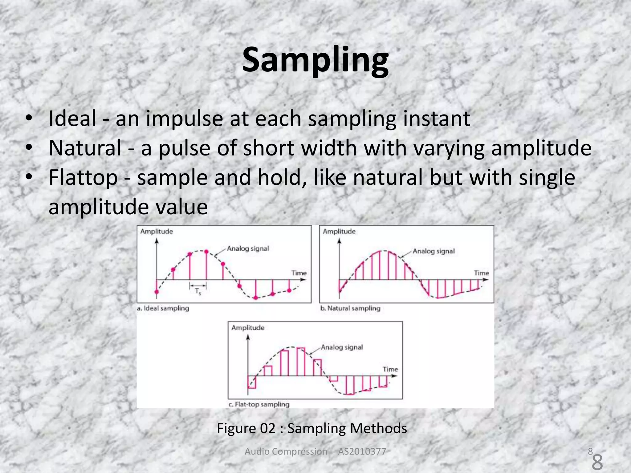 Sampling
• Ideal - an impulse at each sampling instant
• Natural - a pulse of short width with varying amplitude
• Flattop - sample and hold, like natural but with single
amplitude value
Audio Compression - AS2010377 8
Figure 02 : Sampling Methods
8
 