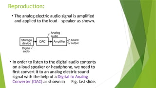 Reproduction:
• The analog electric audio signal is amplified
and applied to the loud speaker as shown.
• In order to listen to the digital audio contents
on a loud speaker or headphone, we need to
first convert it to an analog electric sound
signal with the help of a Digital to Analog
Converter (DAC) as shown in Fig. last slide.
 
