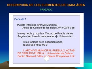 DESCRIPCIÓN DE LOS ELEMENTOS DE CADA ÁREA TRAZADO Viene de 1 Puebla (México). Archivo Municipal Actas de Cabildo de los siglos XVI y XVII y de  la muy noble y muy leal Ciudad de Puebla de los  Ángeles [Archivo de computadora] / Universidad … Título tomado de la documentación. ISBN: 968-7600-02-0 1. ARCHIVO MUNICIPAL-PUEBLA 2. ACTAS  DE CABILDO-PUEBLA I. Universidad de Colima,  Centro Nacional Editor de Discos Compactos II. tit. 