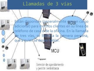 Llamadas de 3 vías


 Están disponible (generalmente con un cargo
  adicional) para muchos clientes en su línea de
  teléfono de casa o de la oficina. En la llamada
  de tres vías, se llama a la primera persona,
  que a quien se desea hablar.
 