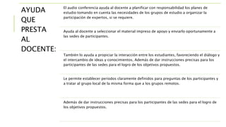 AYUDA
QUE
PRESTA
AL
DOCENTE:
El audio conferencia ayuda al docente a planificar con responsabilidad los planes de
estudio tomando en cuenta las necesidades de los grupos de estudio a organizar la
participación de expertos, si se requiere.
Ayuda al docente a seleccionar el material impreso de apoyo y enviarlo oportunamente a
las sedes de participantes.
También lo ayuda a propiciar la interacción entre los estudiantes, favoreciendo el diálogo y
el intercambio de ideas y conocimientos. Además de dar instrucciones precisas para los
participantes de las sedes para el logro de los objetivos propuestos.
Le permite establecer periodos claramente definidos para preguntas de los participantes y
a tratar al grupo local de la misma forma que a los grupos remotos.
Además de dar instrucciones precisas para los participantes de las sedes para el logro de
los objetivos propuestos.
 