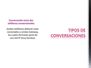 Conversación entre dos
 teléfonos convencionales

Ambos teléfonos deberán estar
conectados a sendos Gateway,
 los cuales formarán parte de
   una red IP (muy baratas).
 