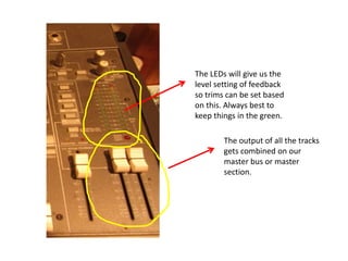 The output of all the tracks
gets combined on our
master bus or master
section.
The LEDs will give us the
level setting of feedback
so trims can be set based
on this. Always best to
keep things in the green.
 