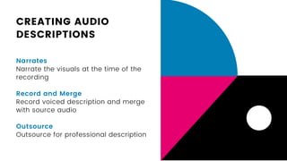 CREATING AUDIO
DESCRIPTIONS
Narrates
Narrate the visuals at the time of the
recording
Record and Merge
Record voiced description and merge
with source audio
Outsource
Outsource for professional description
 