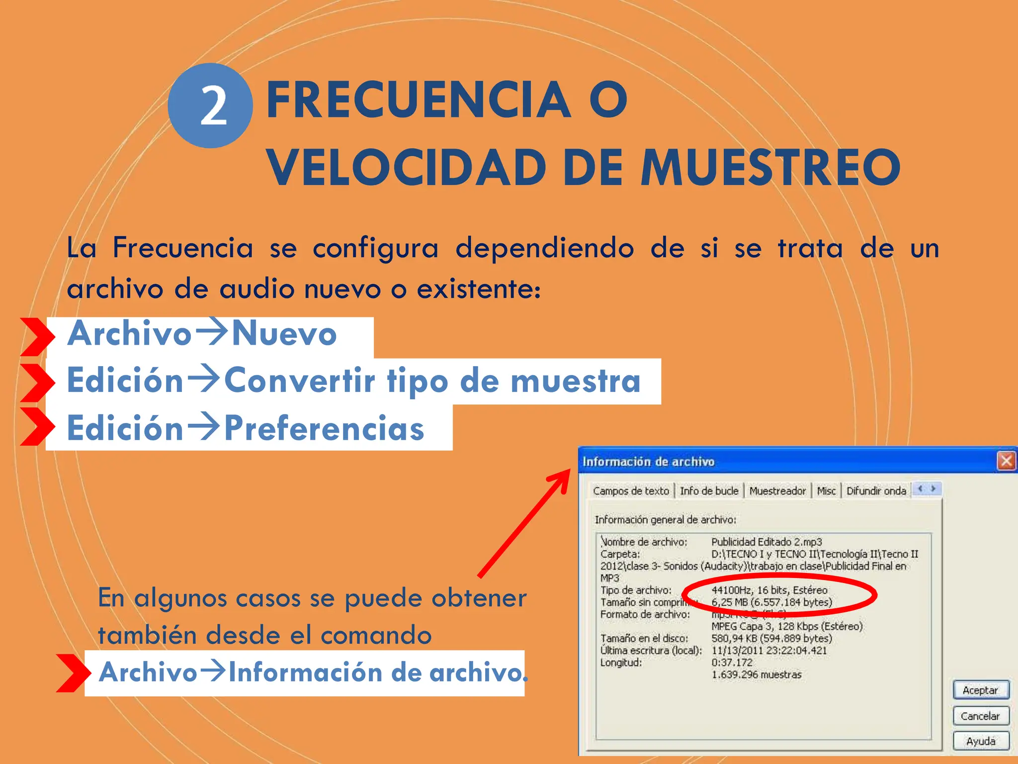 La Frecuencia se configura dependiendo de si se trata de un
archivo de audio nuevo o existente:
ArchivoNuevo
EdiciónConvertir tipo de muestra
EdiciónPreferencias
En algunos casos se puede obtener
también desde el comando
ArchivoInformación de archivo.
FRECUENCIA O
VELOCIDAD DE MUESTREO
 