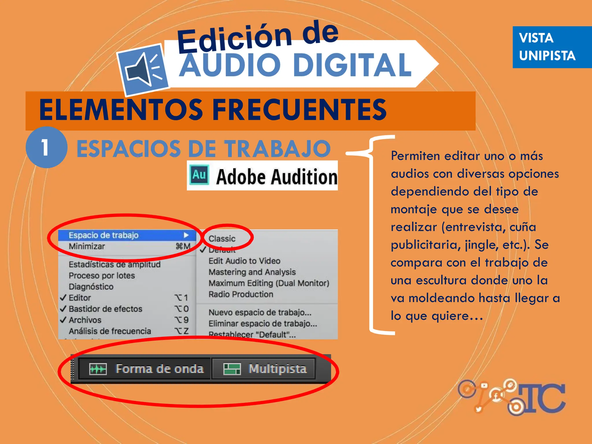 ESPACIOS DE TRABAJO Permiten editar uno o más
audios con diversas opciones
dependiendo del tipo de
montaje que se desee
realizar (entrevista, cuña
publicitaria, jingle, etc.). Se
compara con el trabajo de
una escultura donde uno la
va moldeando hasta llegar a
lo que quiere…
ELEMENTOS FRECUENTES
1
VISTA
UNIPISTA
 