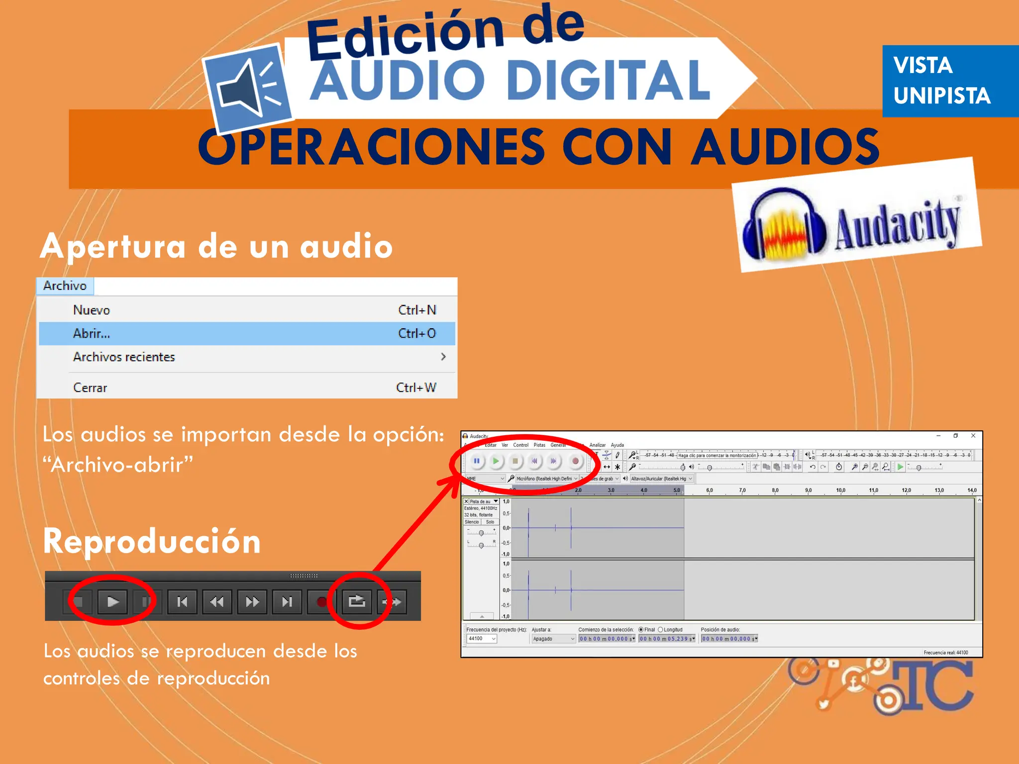 Apertura de un audio
Los audios se importan desde la opción:
“Archivo-abrir”
Los audios se reproducen desde los
controles de reproducción
Reproducción
OPERACIONES CON AUDIOS
VISTA
UNIPISTA
 