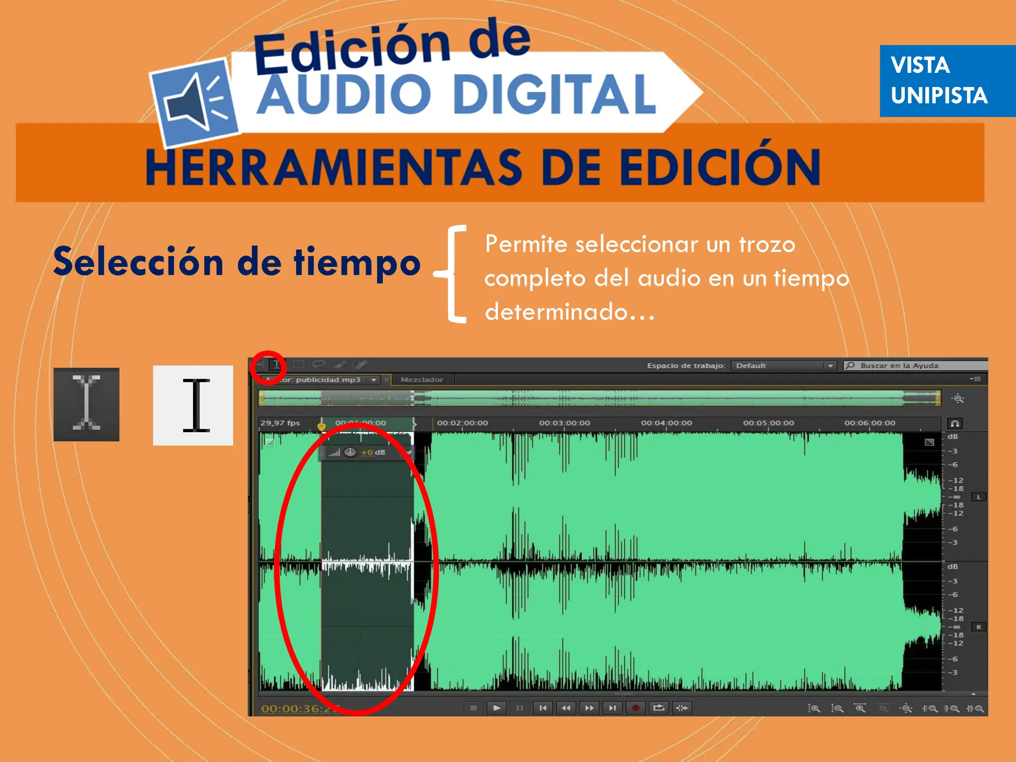 Permite seleccionar un trozo
completo del audio en un tiempo
determinado…
Selección de tiempo
VISTA
UNIPISTA
 