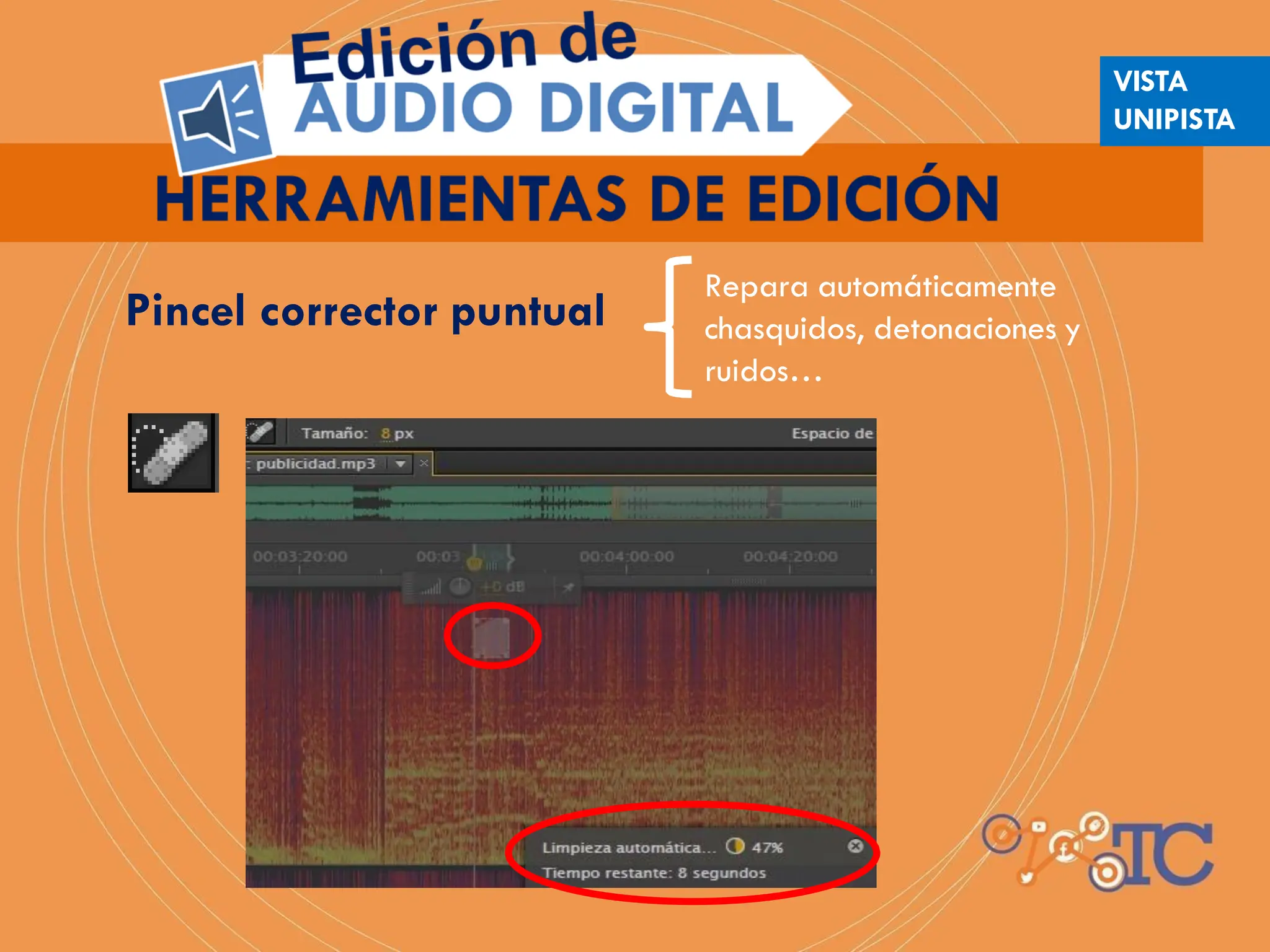 Repara automáticamente
chasquidos, detonaciones y
ruidos…
Pincel corrector puntual
VISTA
UNIPISTA
 